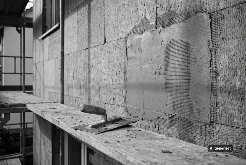 Mineralische Dämmplatten an einer Fassade, teilweise mit Armierungsputz und Gewebe überzogen