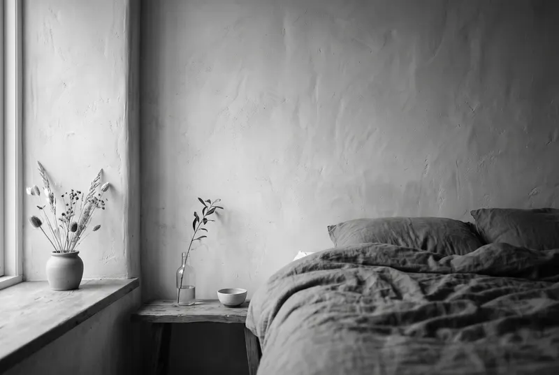 Ruhiges Schlafzimmer mit Lehmputz-Wand im weichen Tageslicht