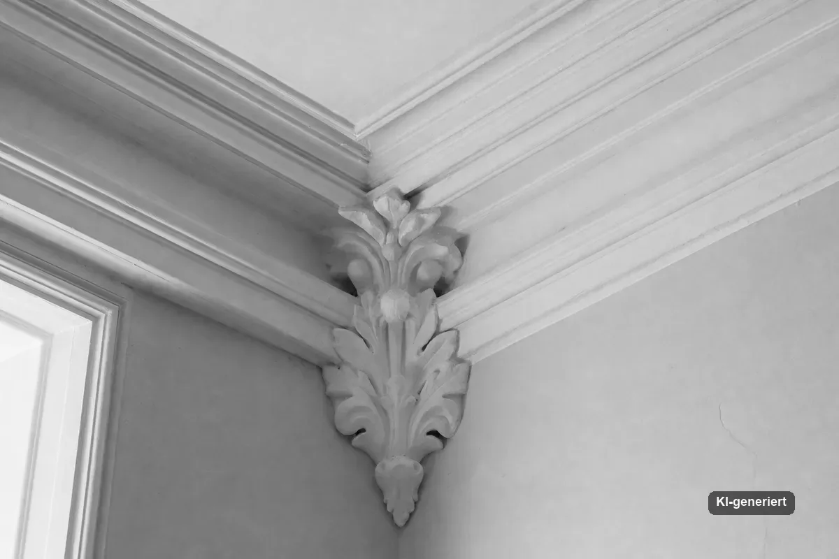 Restauriertes Stuckprofil mit Akanthus-Ornament an einer historischen Decke
