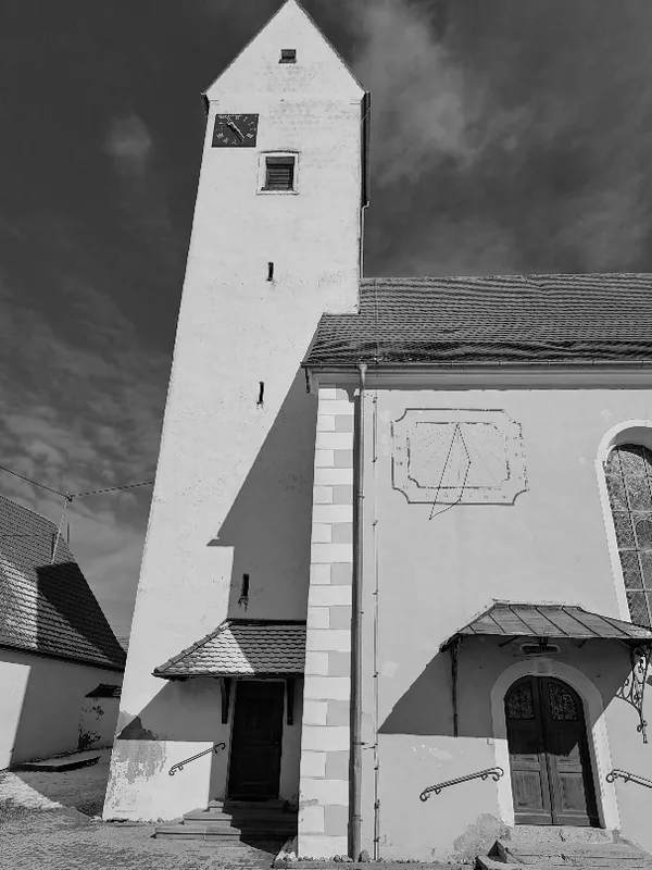 Pfarrkirche St. Nikolaus, Pfronstetten, Turm und Portal vor den Arbeiten